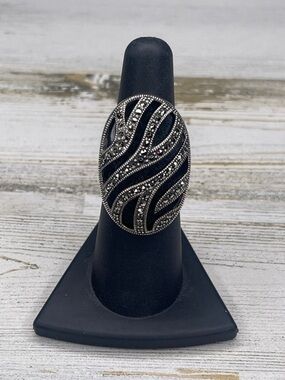 Judith Jack Onyx Marcasite Sterling Silver Cocktail Statement Ring